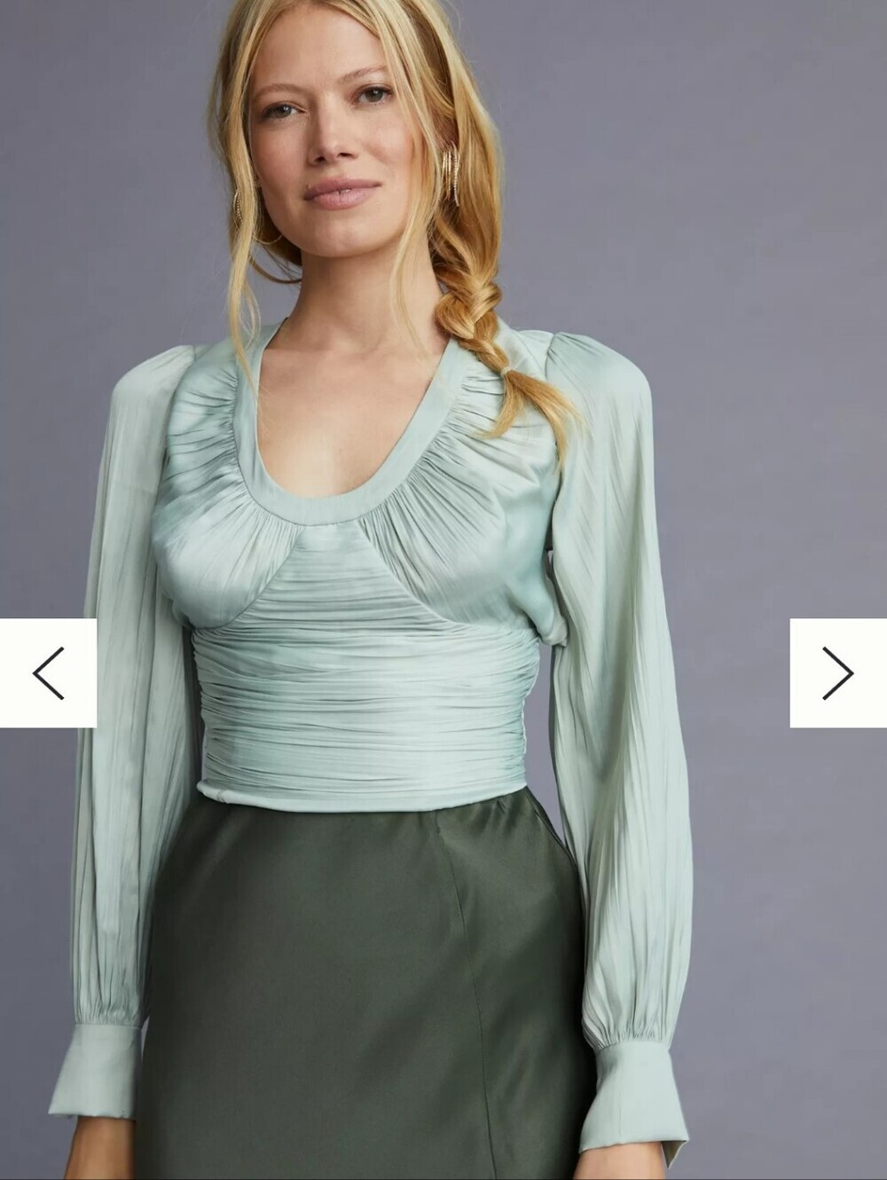 Anthropologie Blouson Sleeve Sage Green Long Sleeve Ruched Top Size XL Coquette